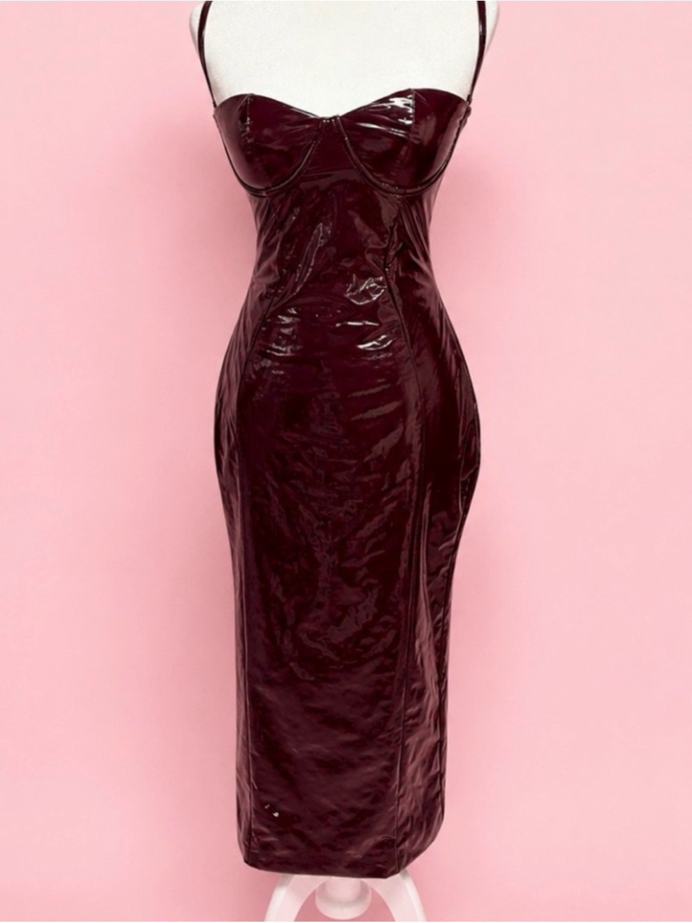 Women's Burgundy Patent Slip Dress with Spaghetti Straps